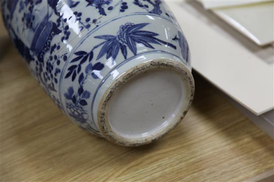 A pair of 19th century Chinese blue and white vases and a wucai jar, repaired 49, 46, 29.5cm